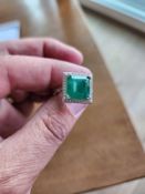 14KT Gold Emerald and Diamond Ring, 6.41 cts Emerald, 1.09 Cts Diamond