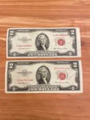 (2) 1953 $ Red Seal Notes (Note with cutting error)