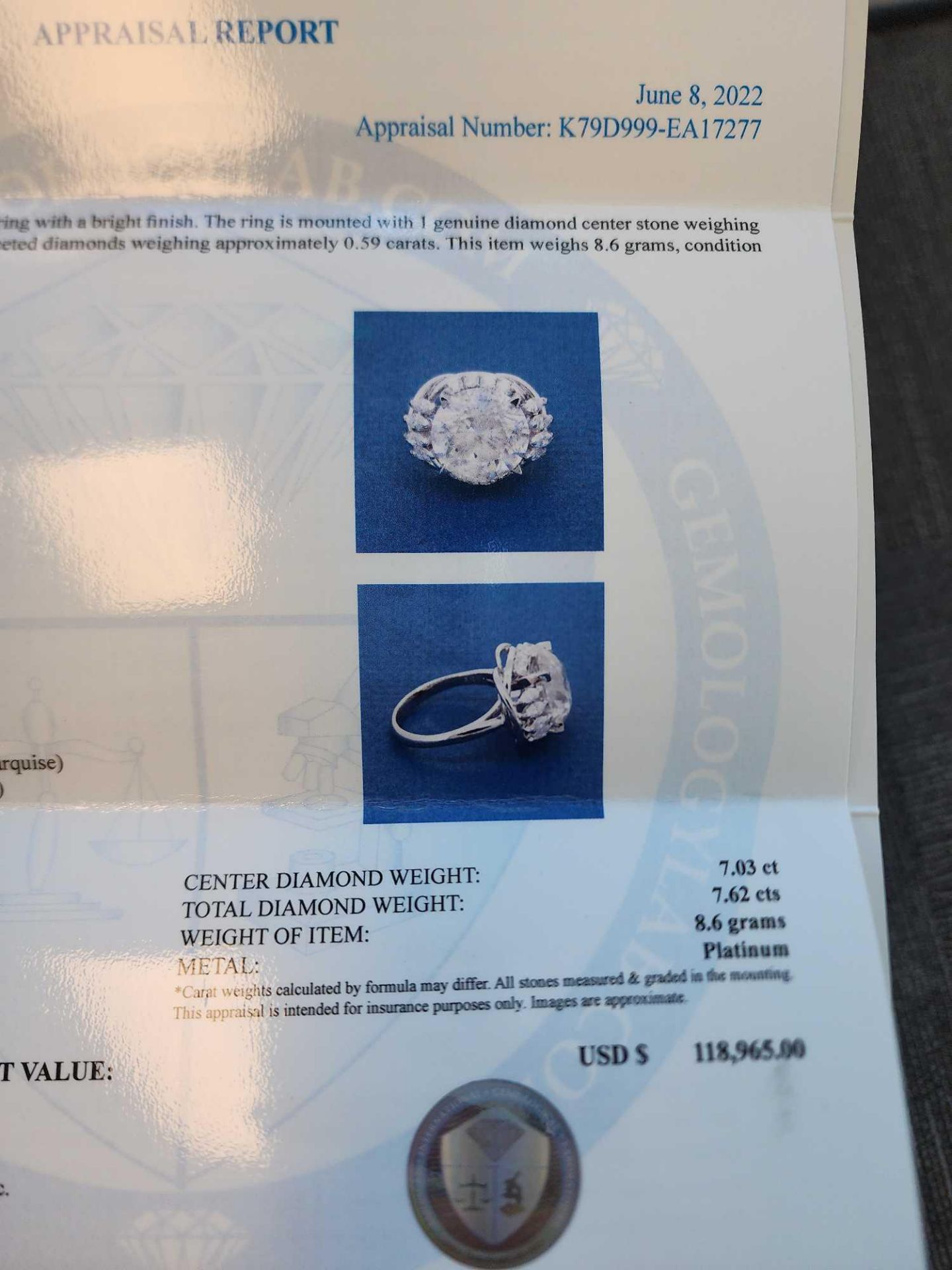 7.03 cts Platinum Diamond Ring, 16 diamonds adjacent - Image 9 of 11