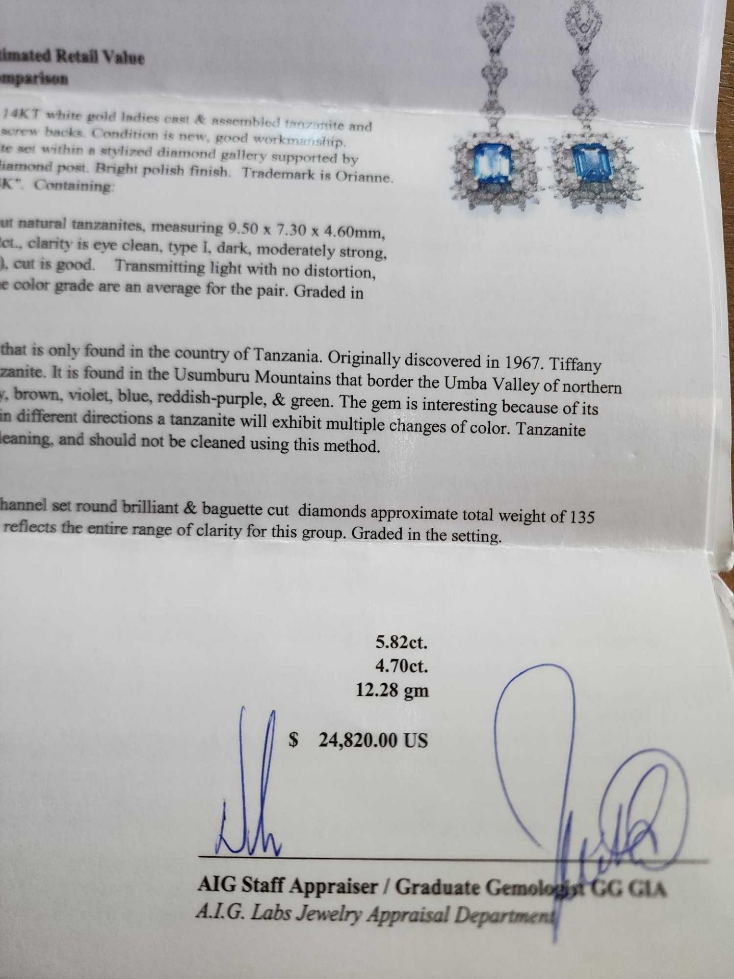 Tanzanite and Diamond Earrings, 5.82 cts tanzanite, 4.7 ctw diamonds - Image 7 of 8