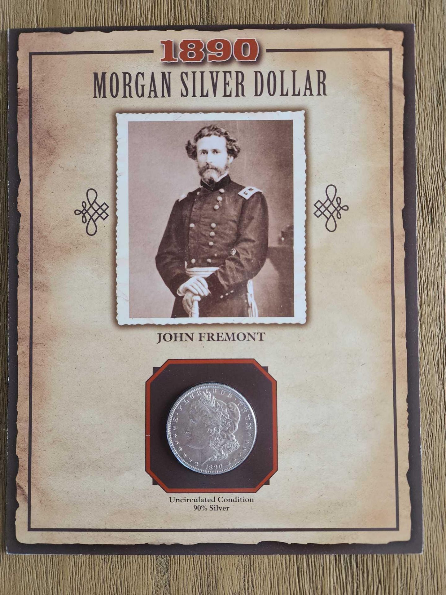 1890 Morgan Dollar Uncirculated condition with John Fremont Stamp and Facts - Image 2 of 10