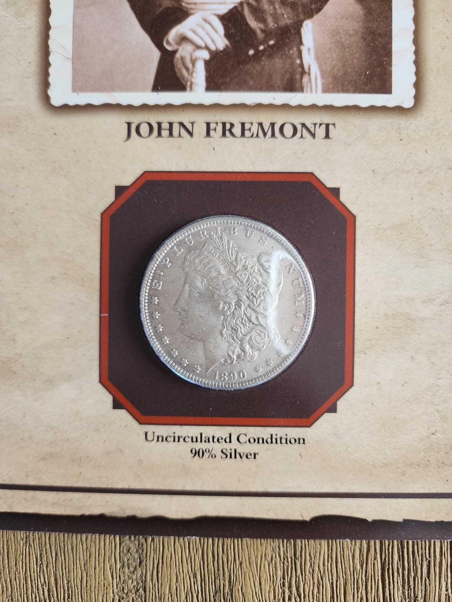 1890 Morgan Dollar Uncirculated condition with John Fremont Stamp and Facts - Image 9 of 10