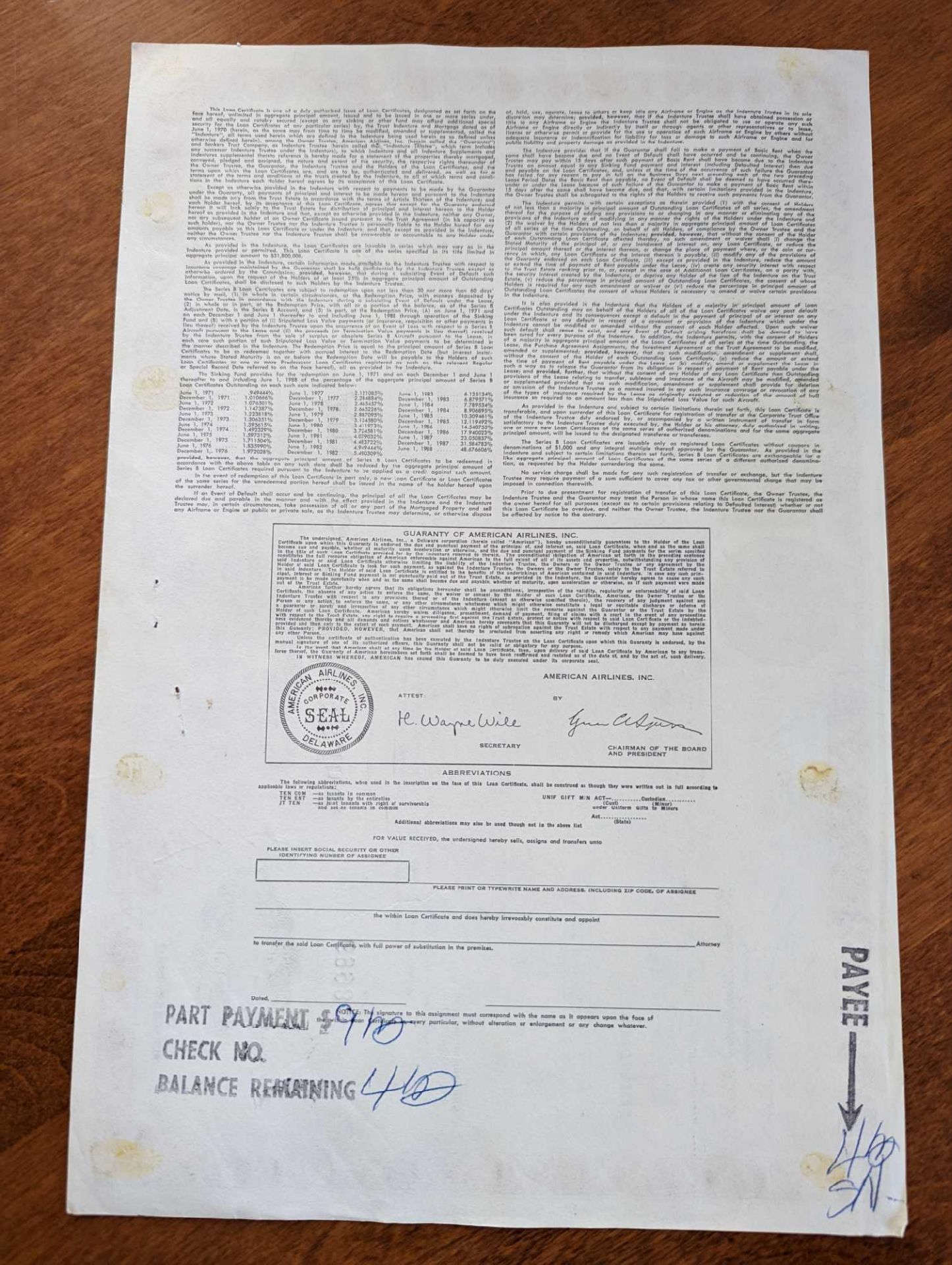 American Airlines, Inc. - Original Stock (Loan) Certificate - 1982 - Image 2 of 2