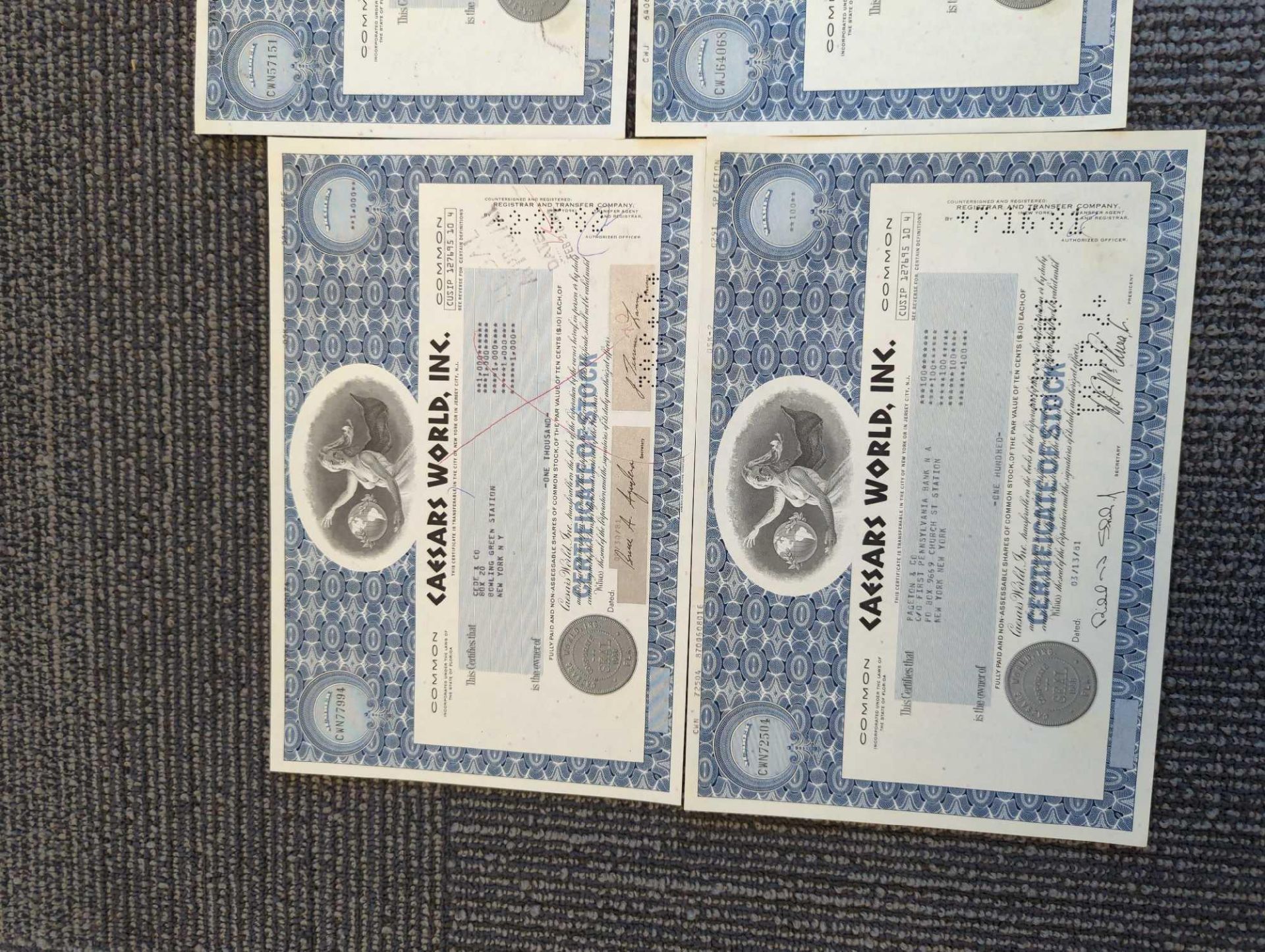 4 Caesars World Inc Stock Certificates - Image 3 of 4