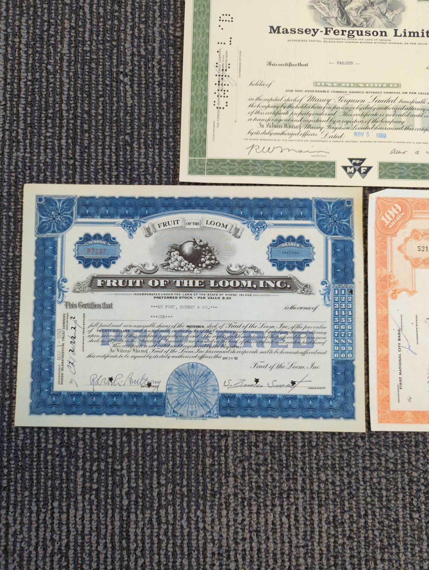 American Tobacco Company, Massey Ferguson and Fruit of the Loom Stock certificates - Image 3 of 5