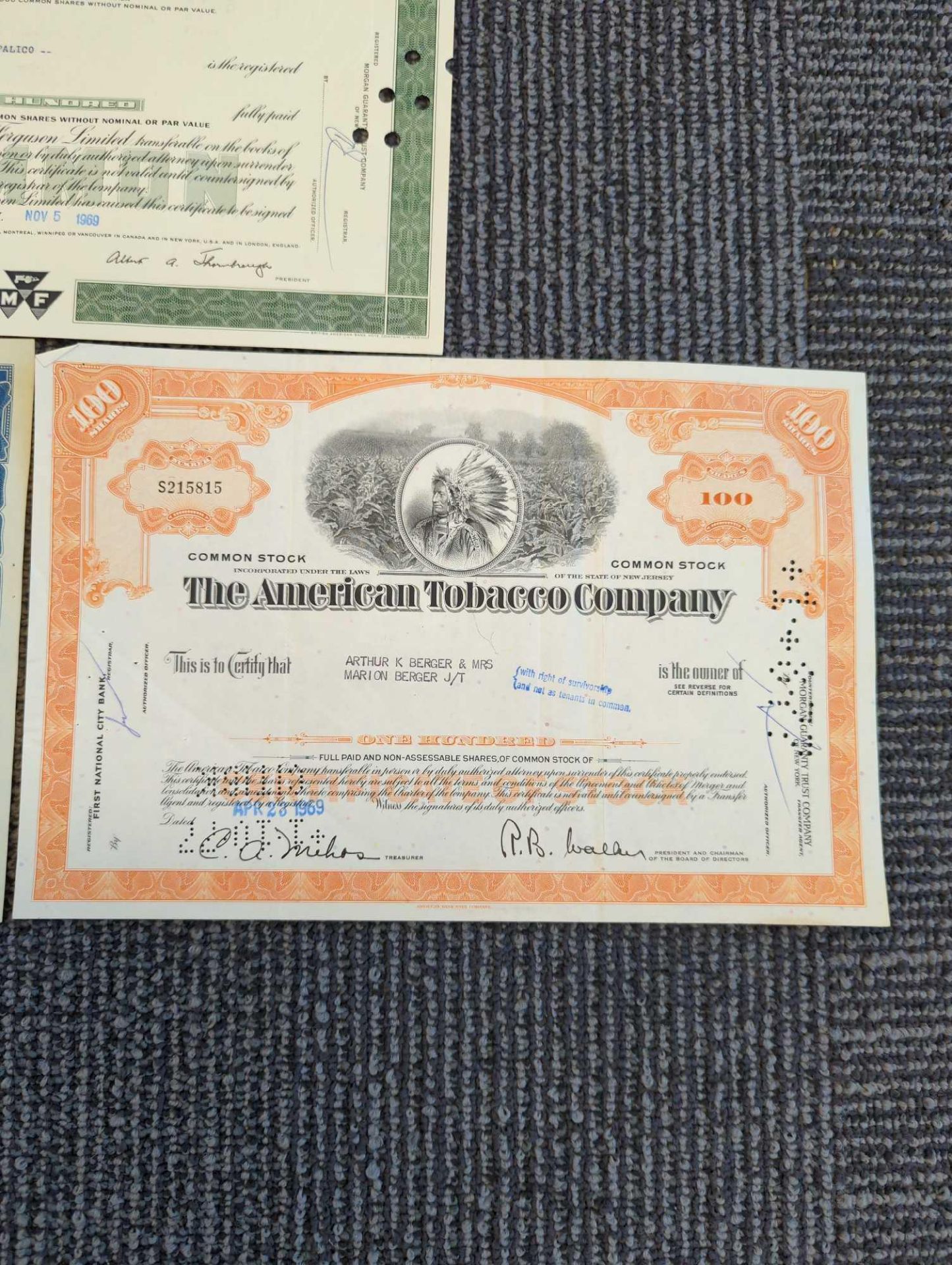 American Tobacco Company, Massey Ferguson and Fruit of the Loom Stock certificates - Image 2 of 5