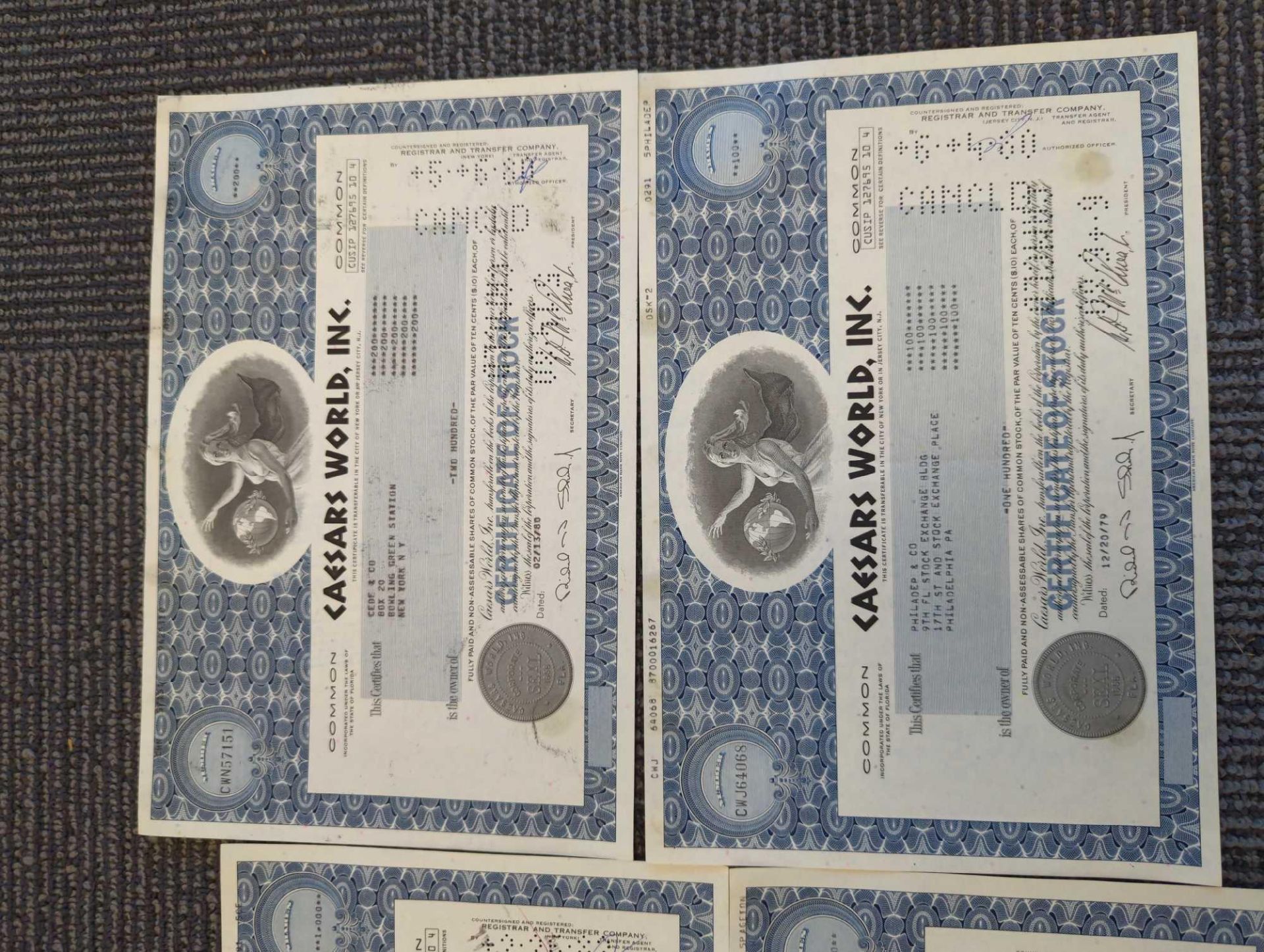 4 Caesars World Inc Stock Certificates - Image 2 of 4