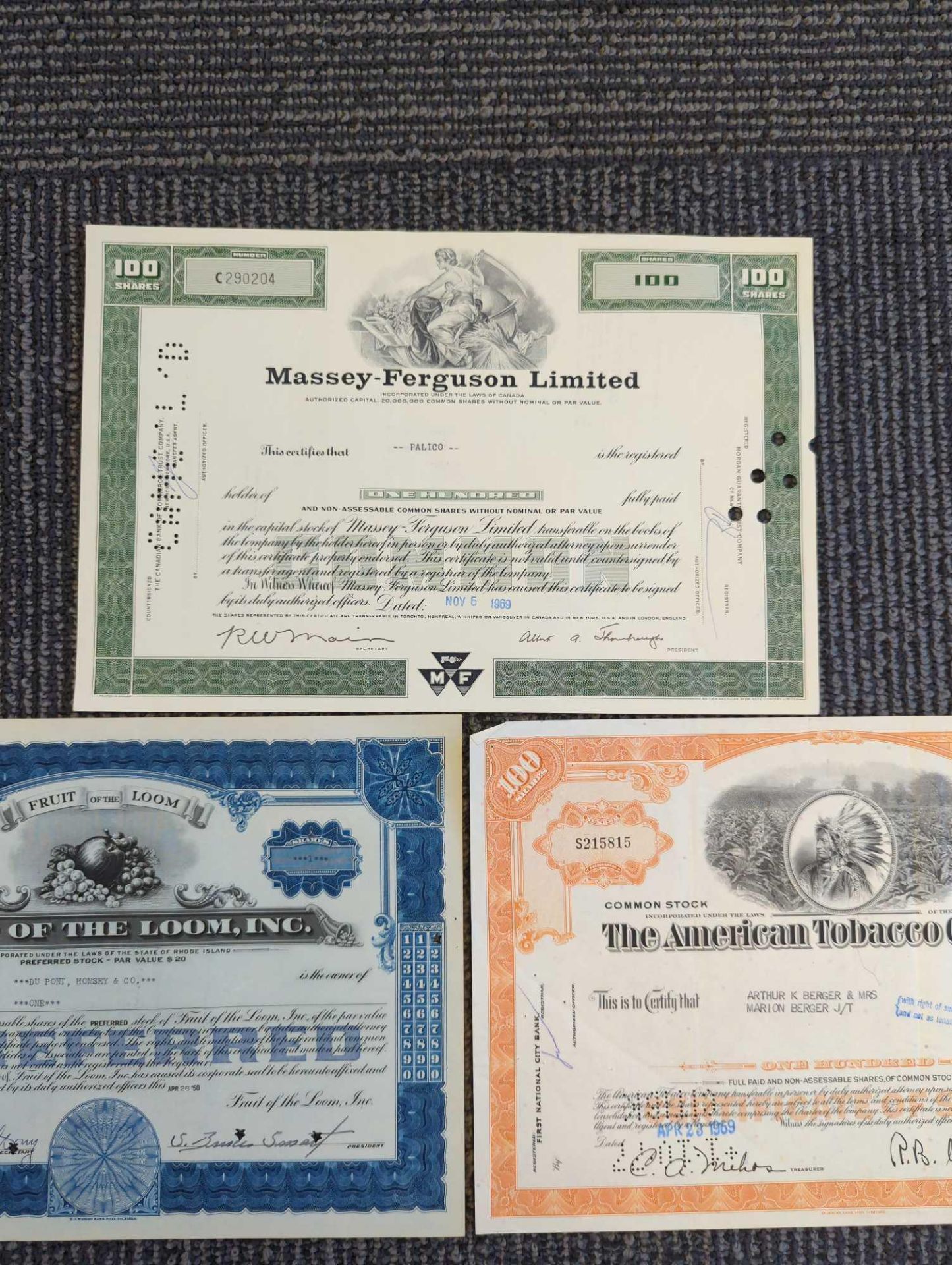 American Tobacco Company, Massey Ferguson and Fruit of the Loom Stock certificates - Image 4 of 5