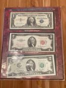 1957 $1 Silver Certicate, 1953 $2 Red seal, and 2013 $2 Note