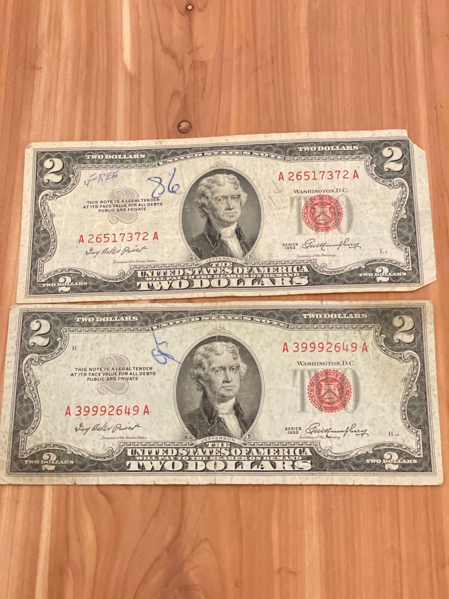(2) $2 1953 Red Seal Notes