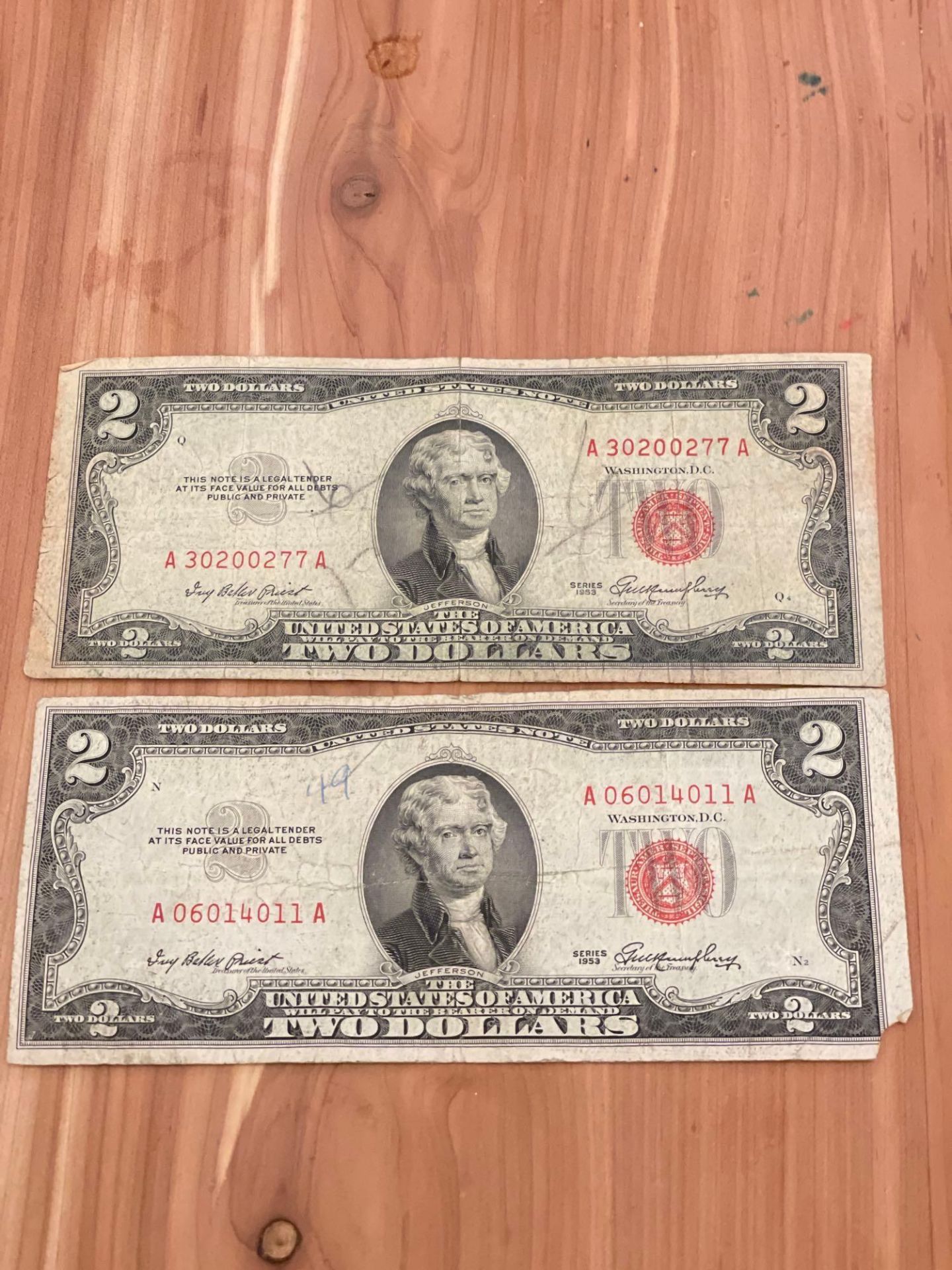 (2) $2 1953 Red Seal Notes