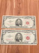 (2) 1964 $5 Red Seal Notes
