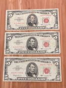 Three $5 1963 Red Seal Notes