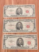 Three $5 1963 Red Seal Notes