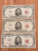 Three $5 1963 Red Seal Notes