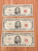 Three $5 1963 Red Seal Notes