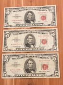 Three $5 1963 Red Seal Notes