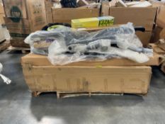 pallet of GE lighting, wren solutions, LED monitor, pipes, components and more