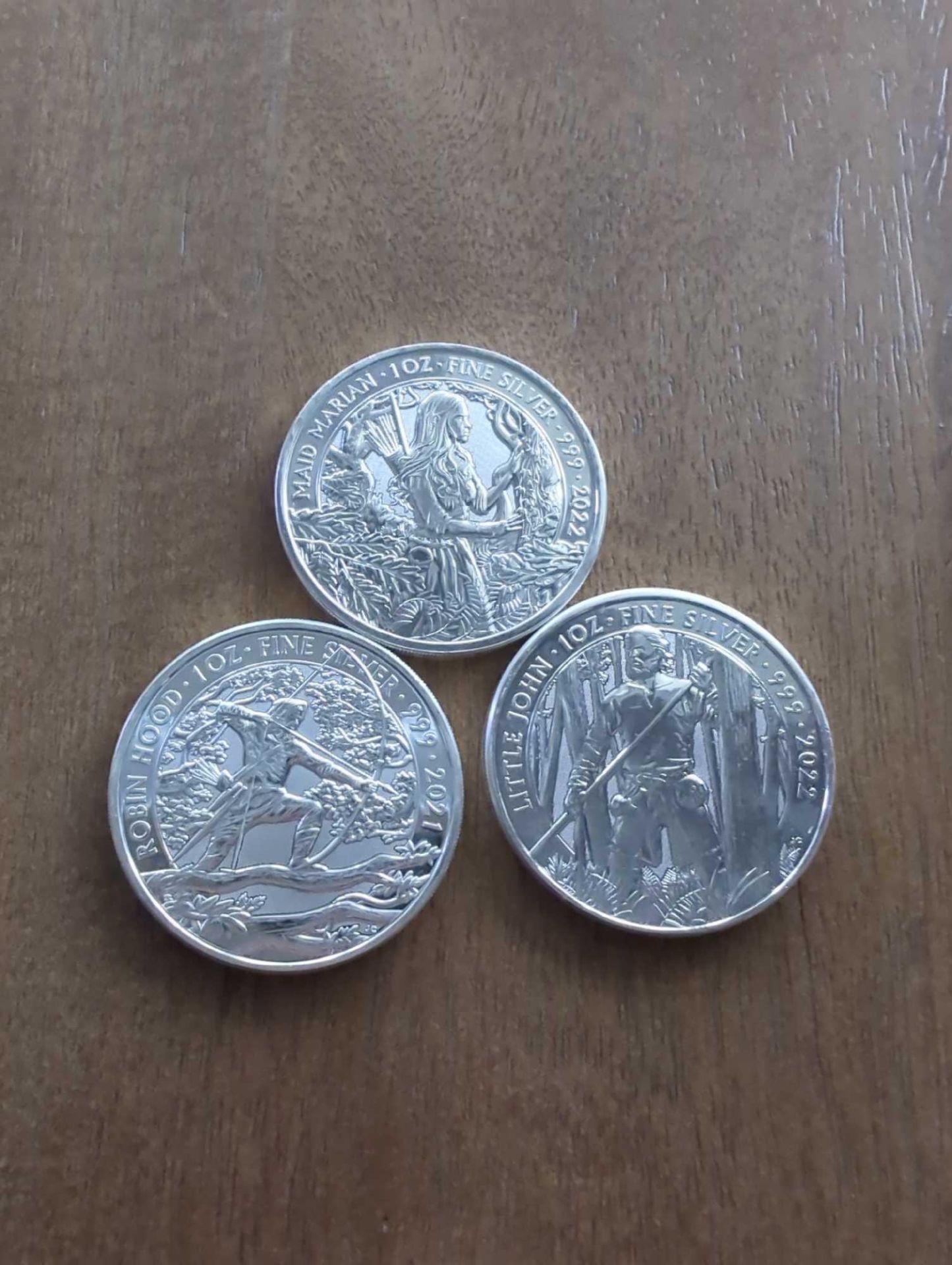 3 coin robinhood, little john, and maid marian silver set