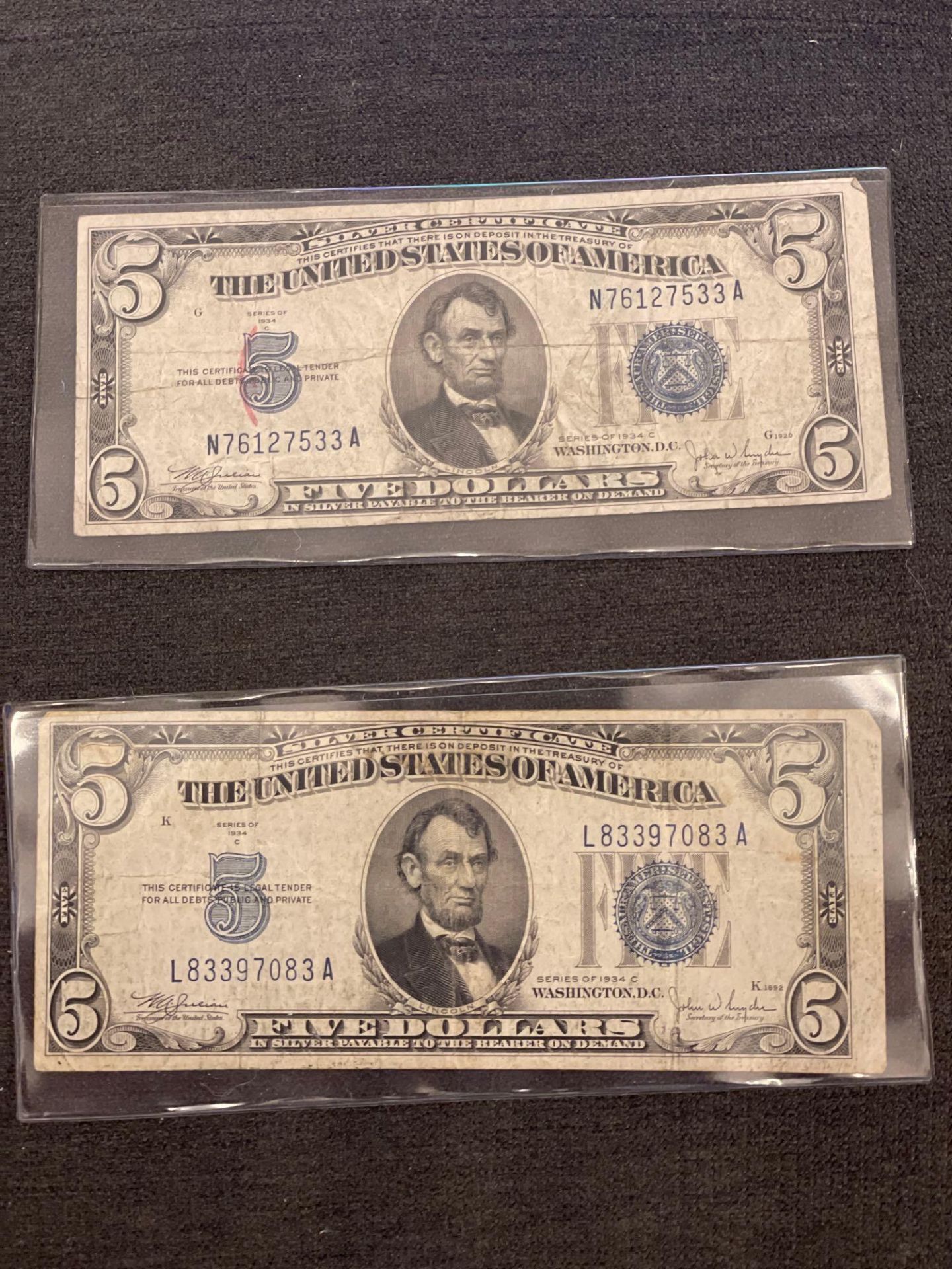 (2) 1934 C $5 Silver Certificates