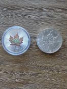 Colored Canadian Maple Leaf and regular maple leaf silver coin