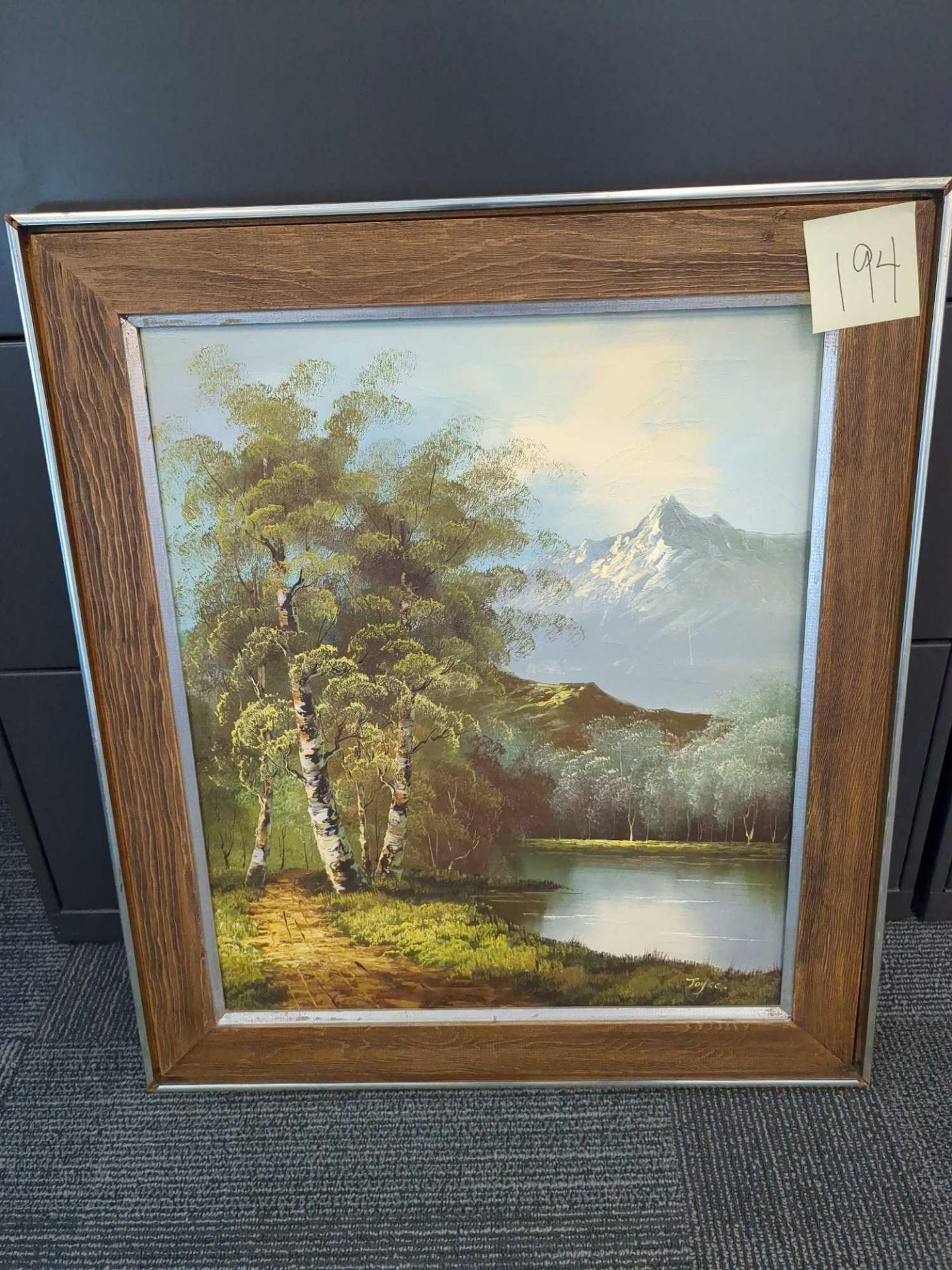Art: Framed Oil on canvas River Mountain Scene by Joyce