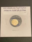 GOLD $10 LIBERIA COIN- ATTACK ON PEARL HARBOR .5 G