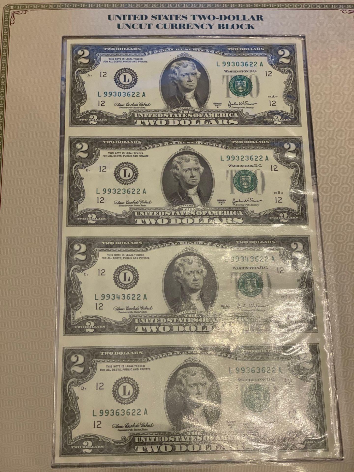 $2 Notes Folio Banknote Set "Red & Green Seals", uncut sheet - Image 4 of 8