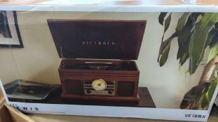 (1) GL- Victrola record player, cords, curve cologne, Subwoofer, canopy?, water heater and more