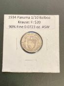 1934 Panama 1/10 Balboa Krause Fine $20 Silver Coin