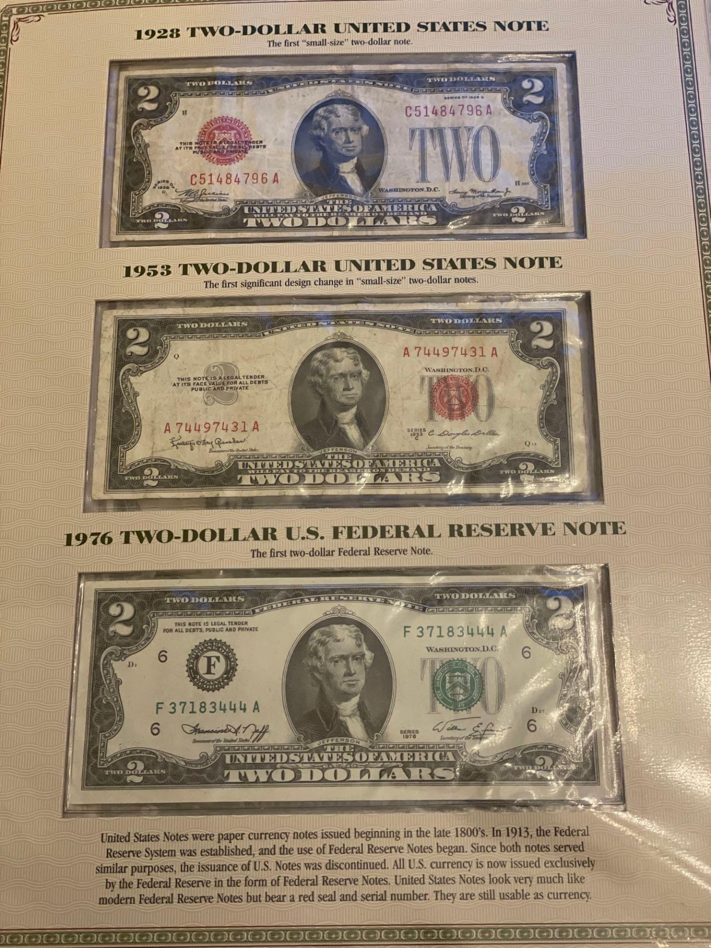 $2 Notes Folio Banknote Set "Red & Green Seals", uncut sheet