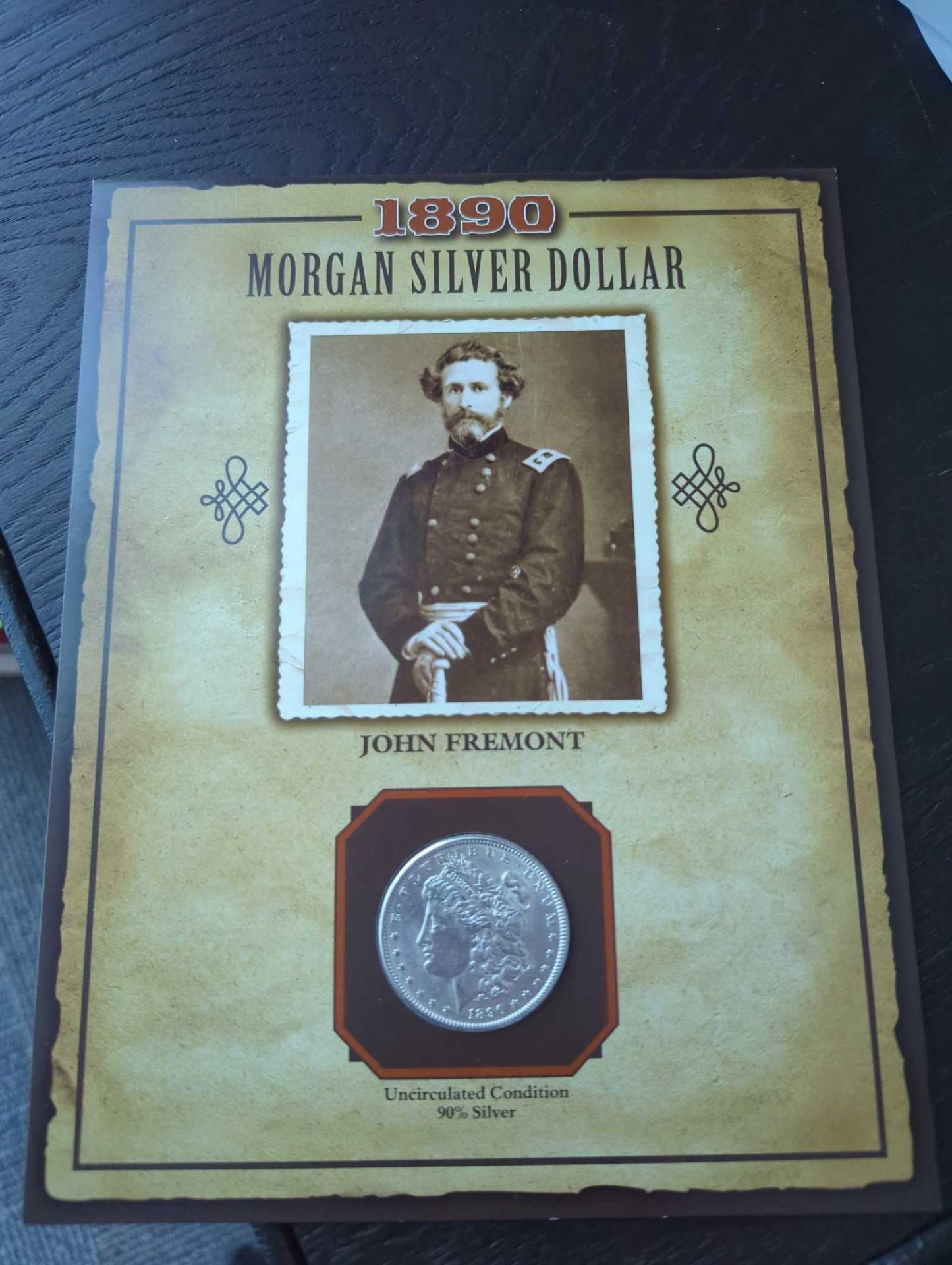 1890 UNC Morgan Dollar with John Fremont Stamp and Facts