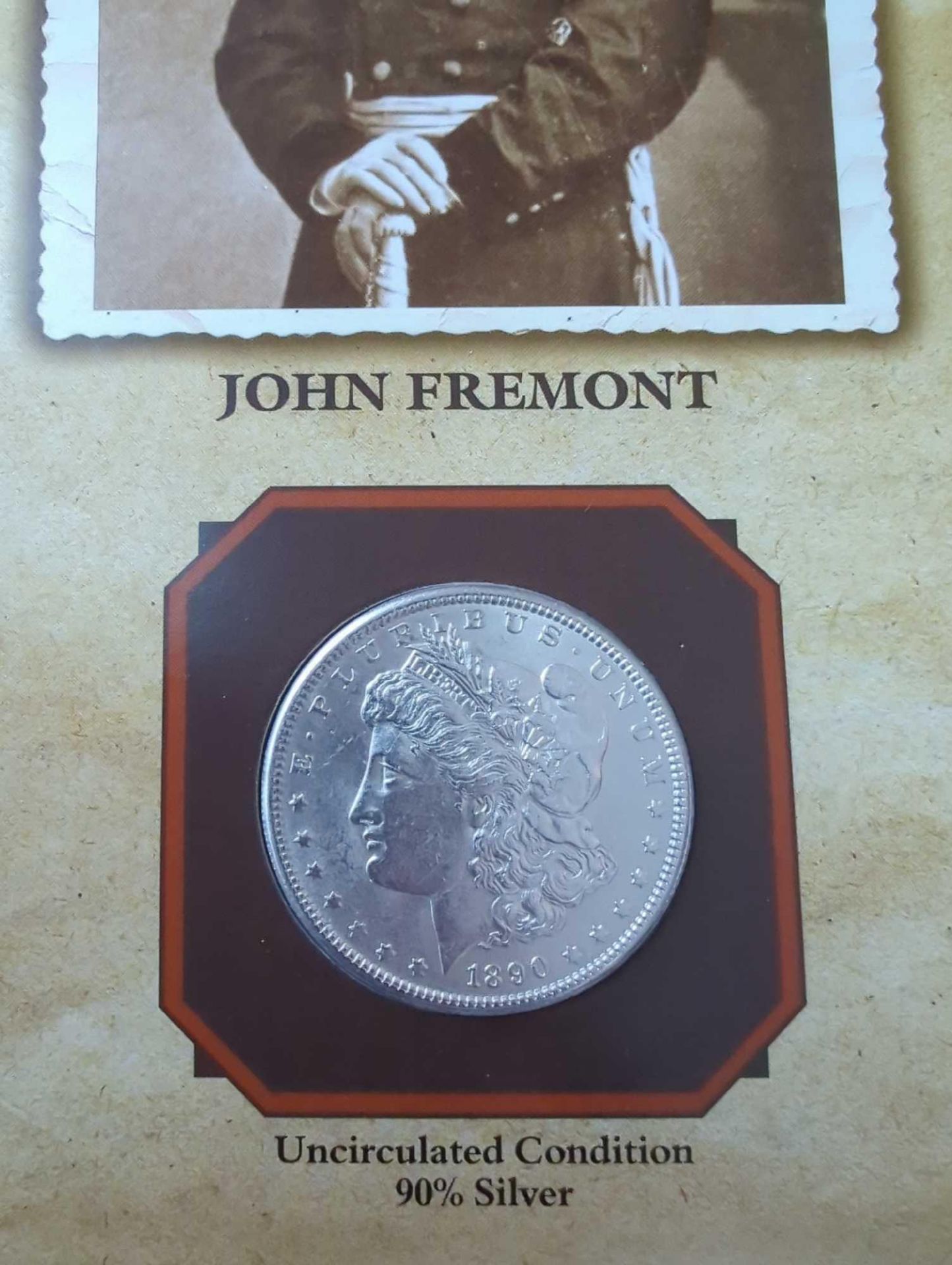 1890 UNC Morgan Dollar with John Fremont Stamp and Facts - Image 2 of 4