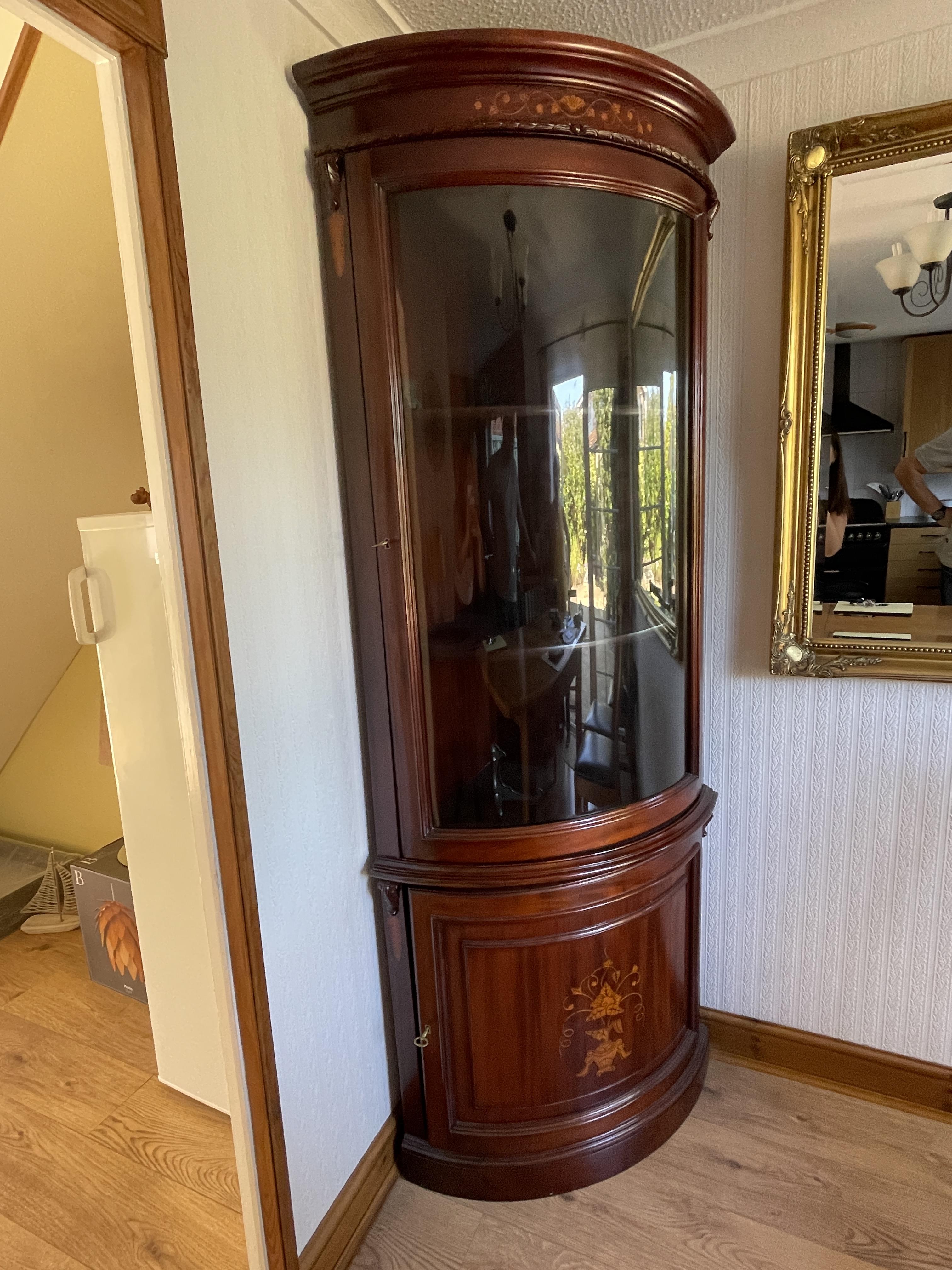 A mid to late 20th century mahogany bow fronted double corner cabinet. - Image 6 of 23