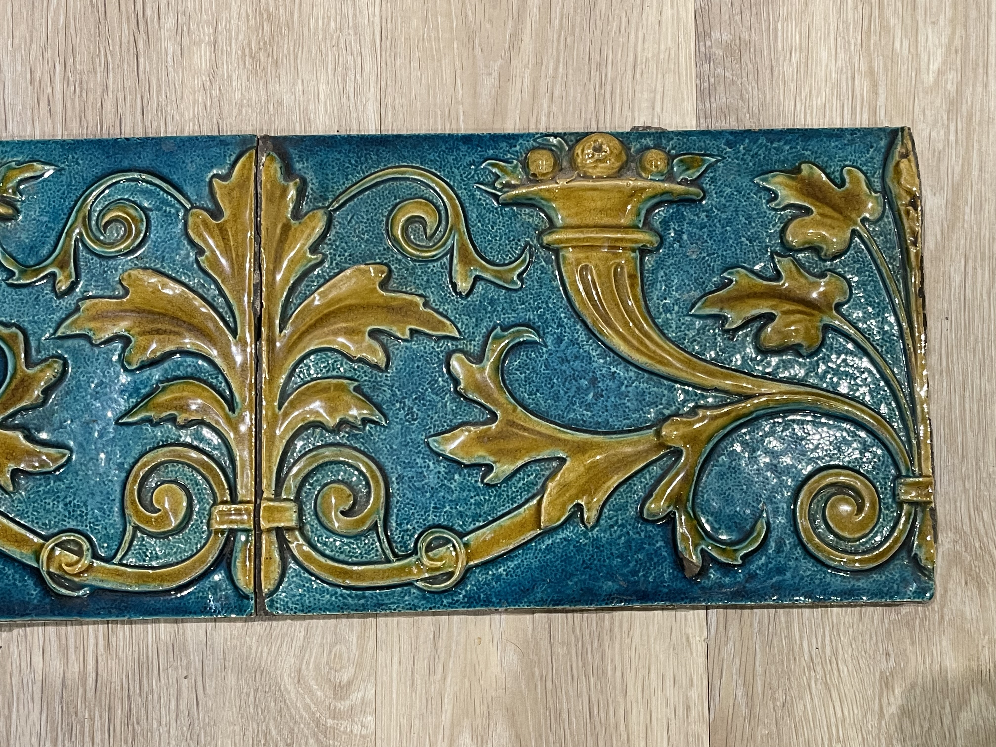 Two Heavy Victorian Tyles Turquoise and Beige - Image 3 of 8