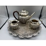 Vintage Asian White Metal Tea Set and Tray, Unhall