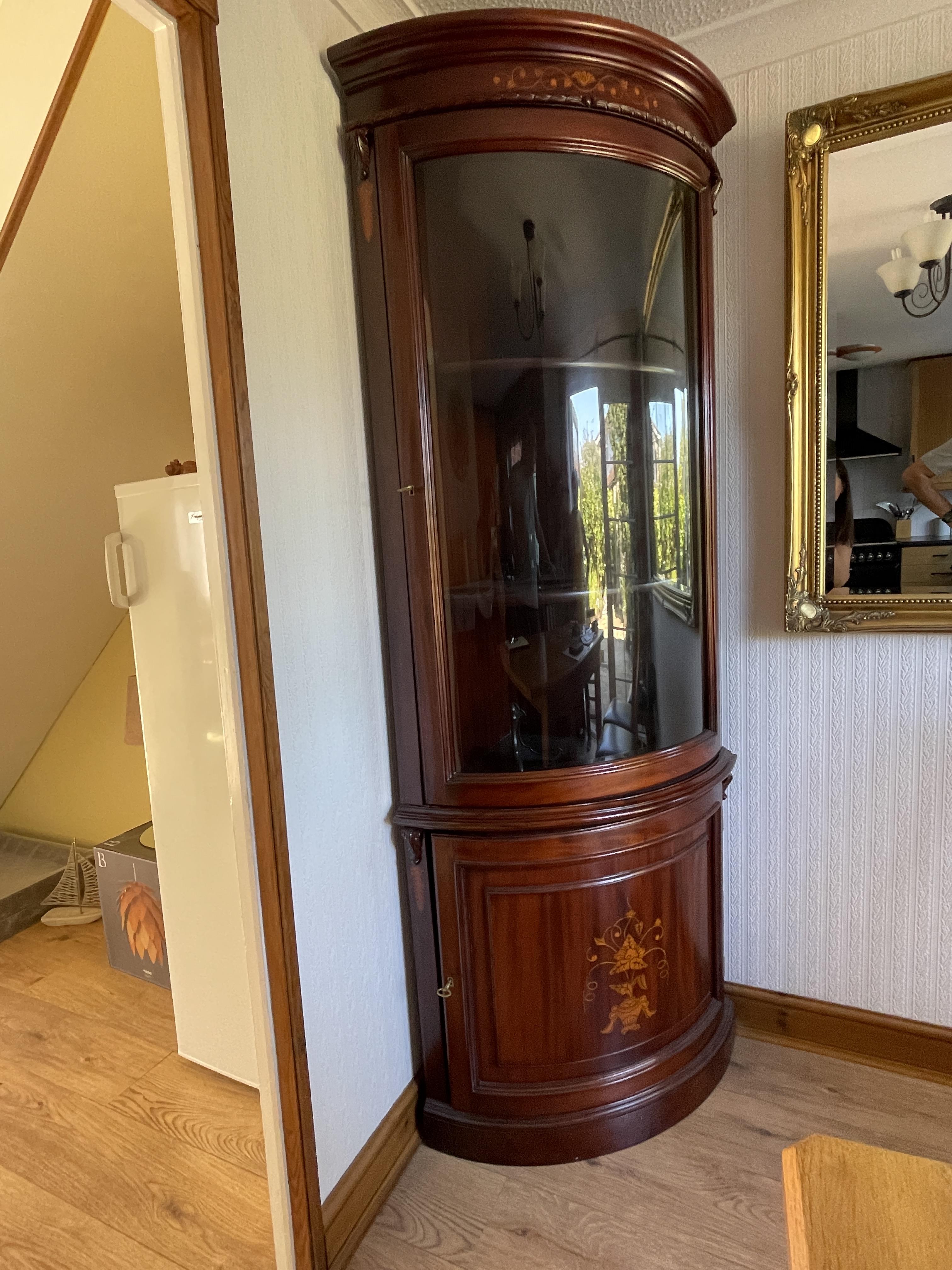 A mid to late 20th century mahogany bow fronted double corner cabinet. - Image 7 of 23