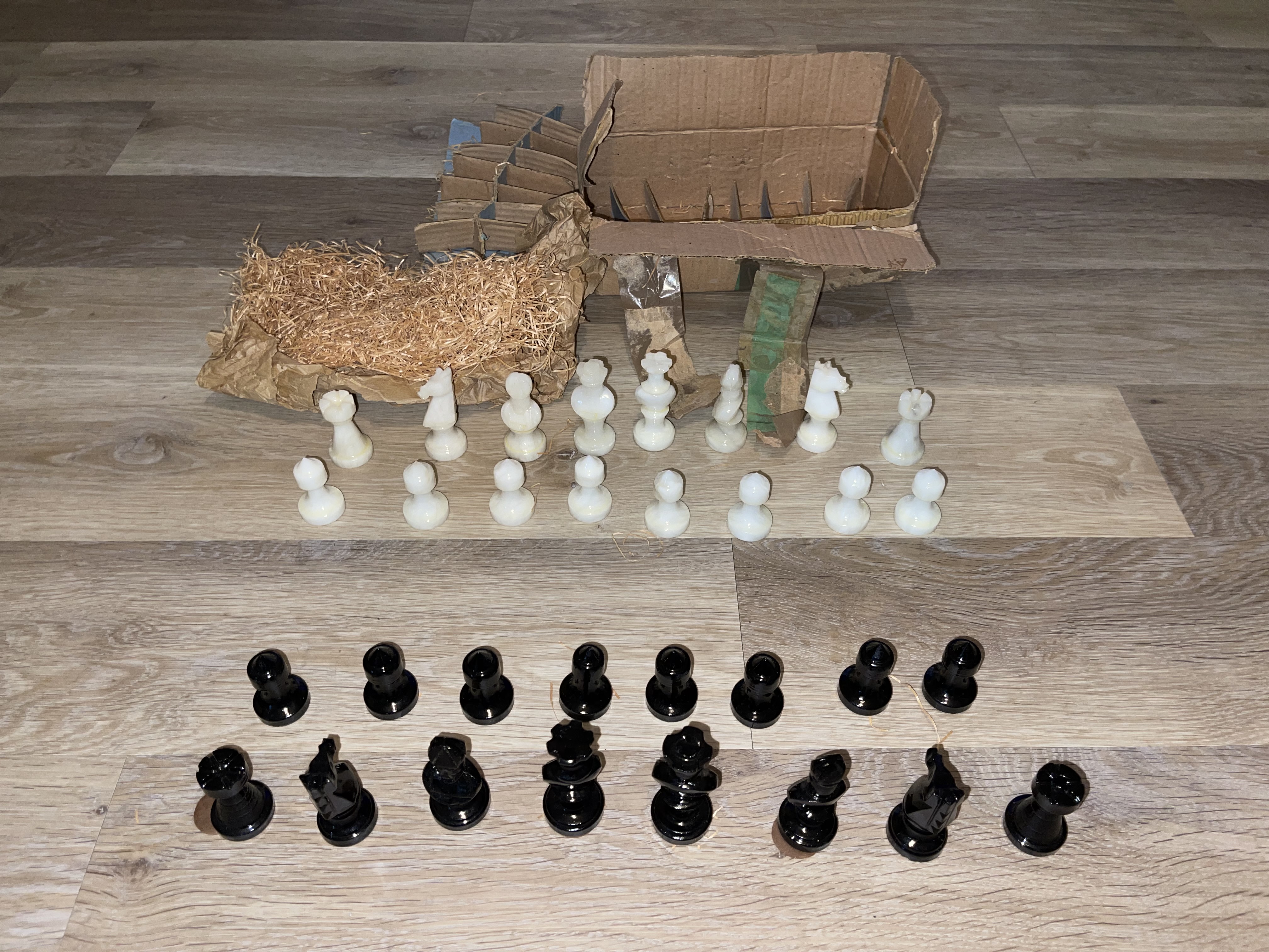 1980's Marble Black and White Chess Pieces, Boxed