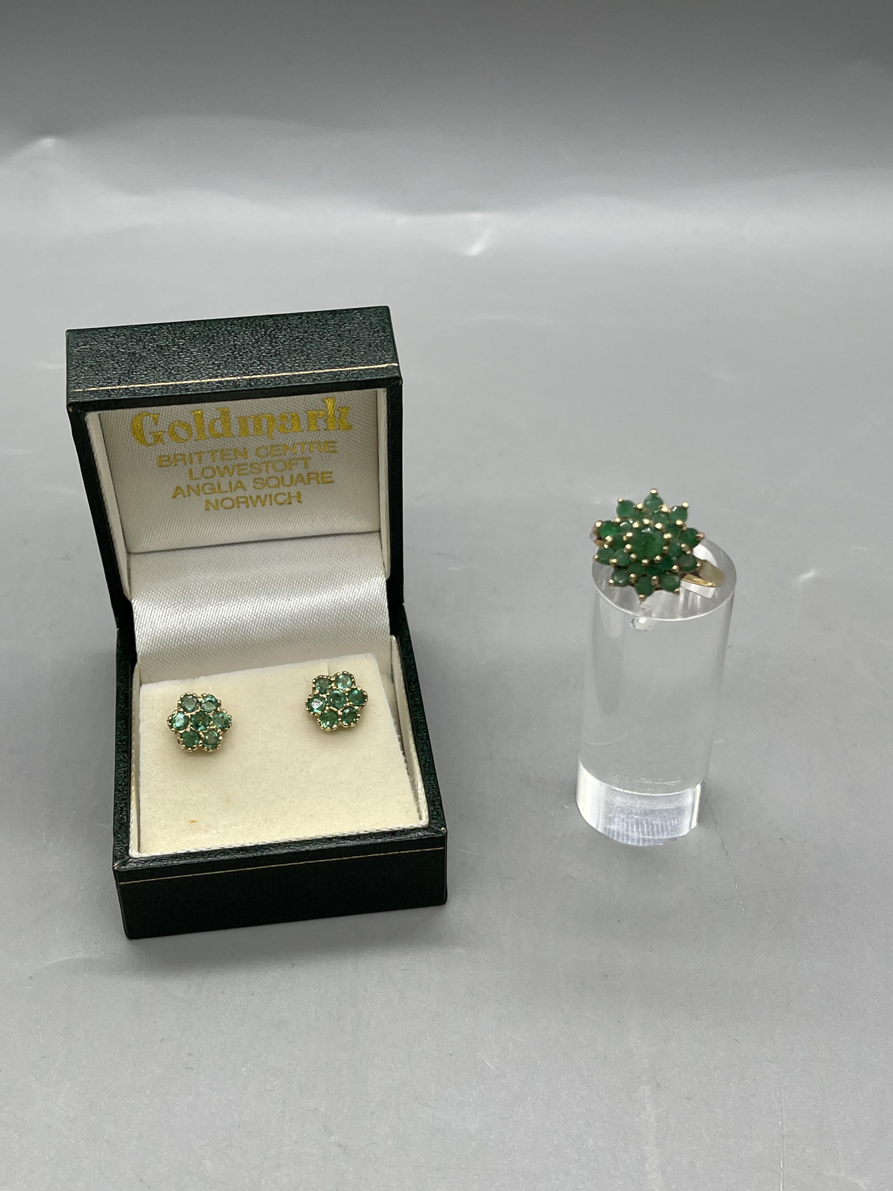 9ct Gold Green Gemstone Cluster Ring and Earrings