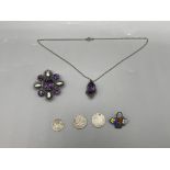 Silver Amethyst Brooch and Pendant along with coin