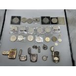 Quantity of Coins along with HM Silver Lighter Cas