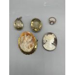 Assortment of Cameos to include 9ct Gold Ring.