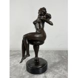 Bronze - Nude Lady with Cat, signed Leveque, on ma