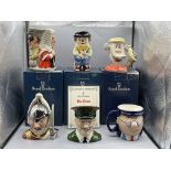 Six Character Jugs, to include Three Boxed Royal D
