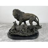 Bronze - Pride of Lions, signed Barye, on marble b