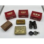 Assorted Lot to include OXO Cubes Boxes, Binocular