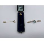 Two 9ct Gold Tie Pins and 9ct Gold Topaz Pin Brooc