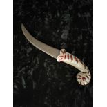 Carved Agate Dagger Handle decorated with stones, set with a Wootz steel engraved blade.