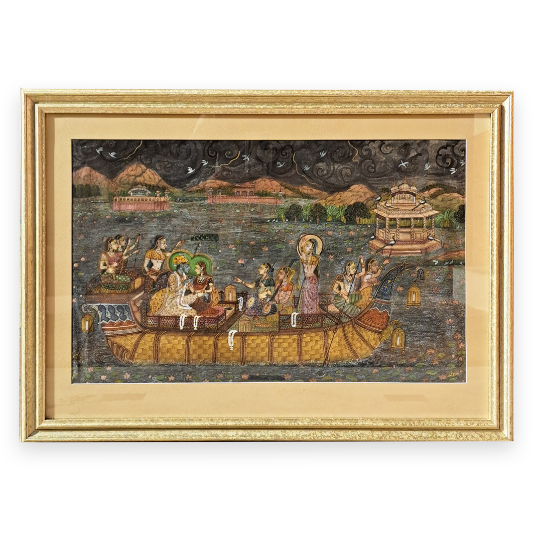 19TH-CENTURY PAINTING DEPICTING RADHA & KRISHNA ON A BOAT WITH FOLLOWERS