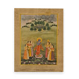 INDIAN MINIATURE PAINTING DEPICTING KRISHNA WITH HIS GOPIS 31 X 23.5 CM